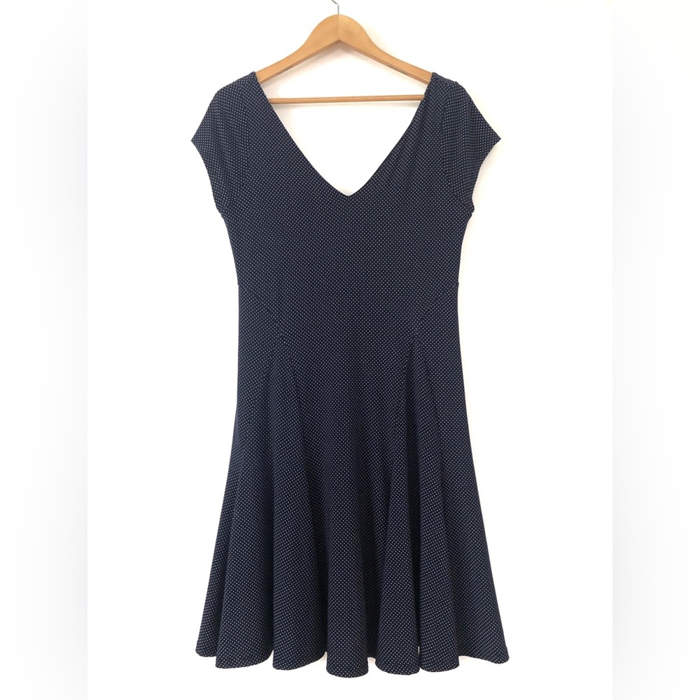 Lauren Ralph Lauren Navy Blue Preppy Vintage Inspired Polka Dot V Neck Dress M